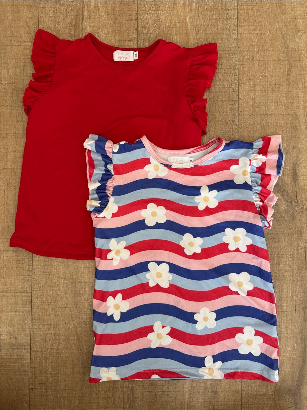 Mila & Rose Red Ruffle Sleeve Kids Top & Floral Stripe Tee Combo